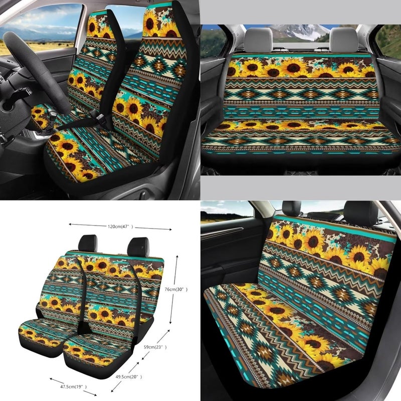 Wanyint Aztec Sunflower Blue Car Seat Cover Set 15 PCS, with Steering Wheel Cover Seat Belt Cushion Pad Garbage Bag Air Vent Pocket Rearview Mirror Cover Coasters Keychain for SUV Trucks Vans Sedans - Image 2